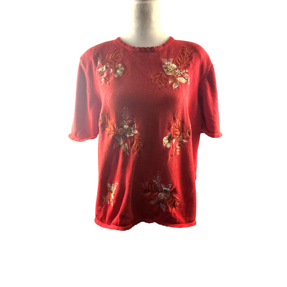 Alfred Dunner Brunt Red Sort Sleeve Embroidered Flowers Sweater Women's Size XL - Picture 1 of 6